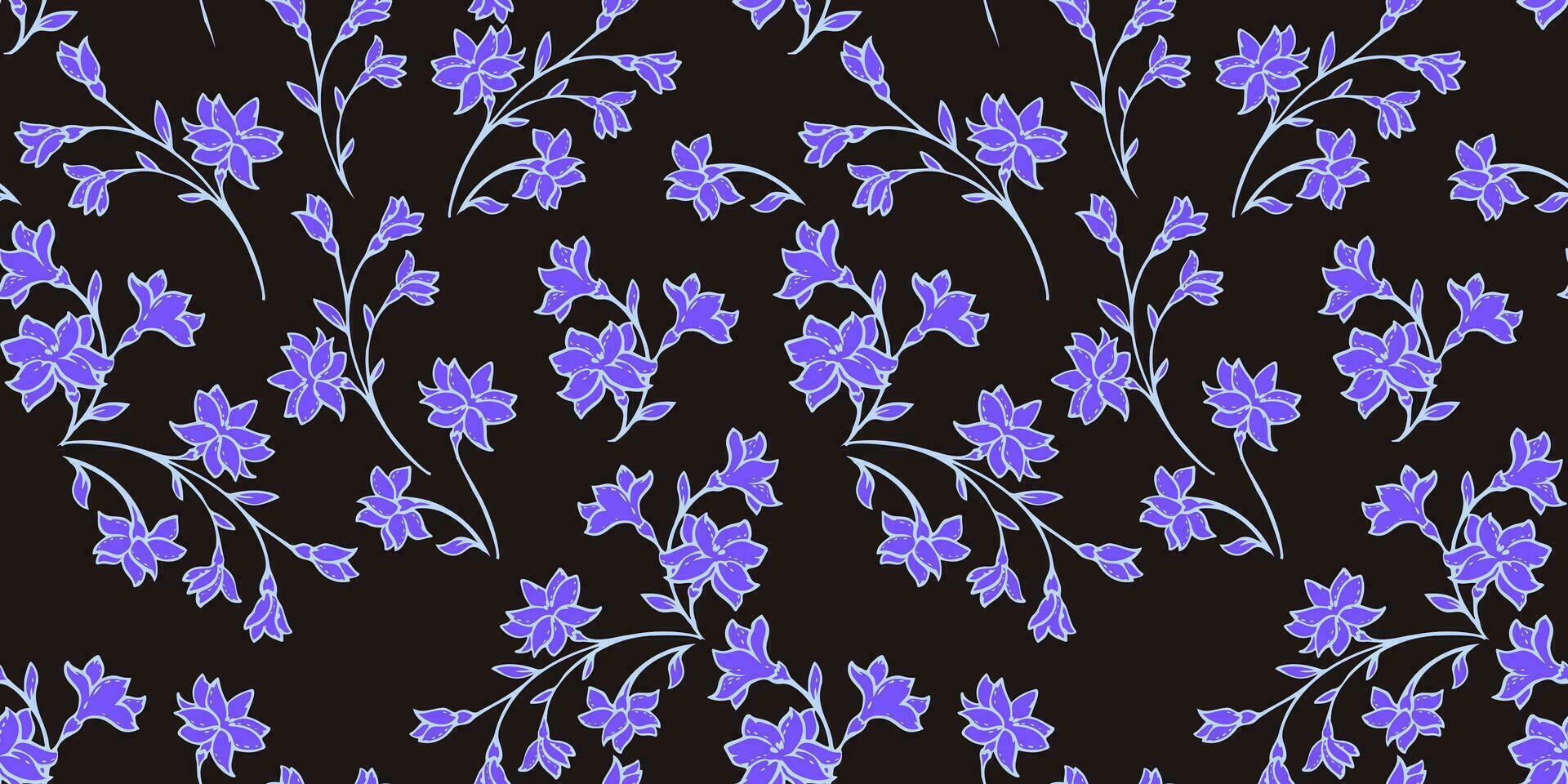 voorzichtig blauw takken wild bloemen naadloos patroon Aan een zwart achtergrond. vector hand- getrokken schetsen. gemakkelijk kunst klein ditsy bloemen afdrukken. ontwerp voor mode, kleding stof, behang.