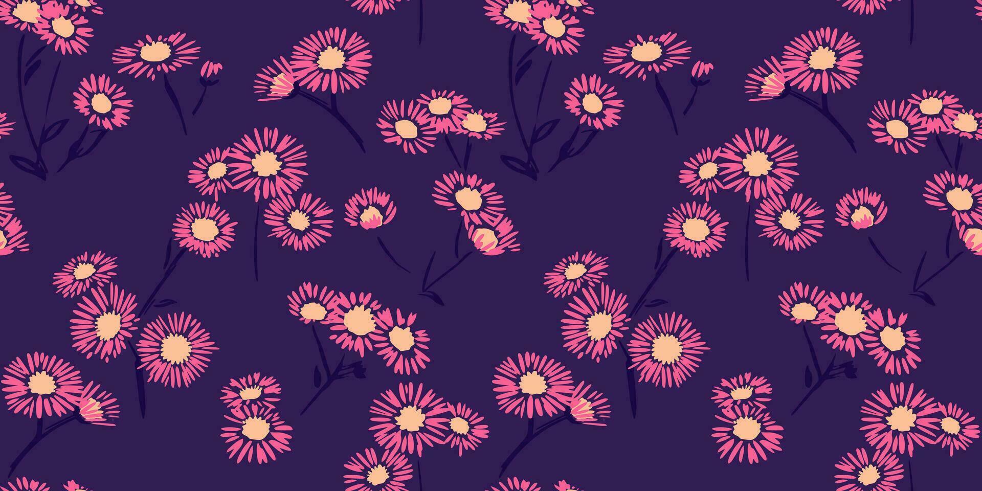 naadloos patroon artistiek abstract vorm kamilles bloemen Aan een donker Purper achtergrond. gemakkelijk roze madeliefje ditsy takken bloemen afdrukken. vector hand- getrokken schetsen. ontwerp voor mode, kleding stof, textiel.