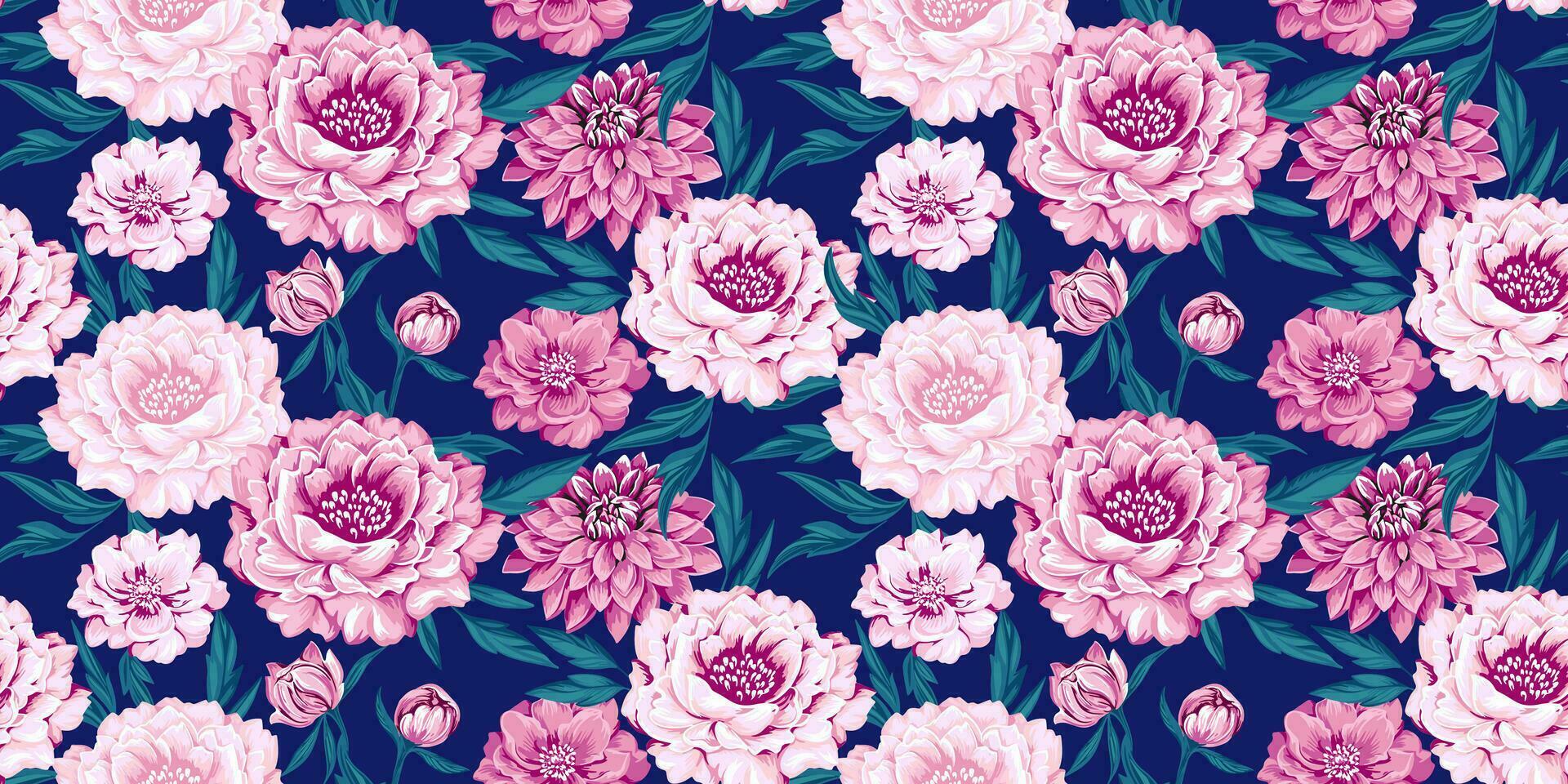 naadloos artistiek bloemen pioenrozen, dahlia's en bladeren patroon. vector hand- getrokken chique, mooi bloemen afdrukken. sjabloon voor ontwerp, textiel, mode, oppervlakte ontwerp, kleding stof, interieur decor, behang