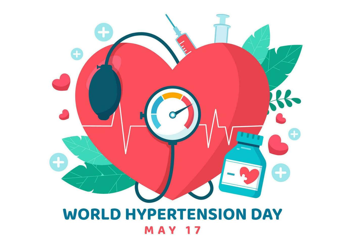 wereld hypertensie dag vector illustratie Aan mei 17e met hoog bloed druk, tensimeter en rood liefde beeld in gezondheidszorg vlak achtergrond