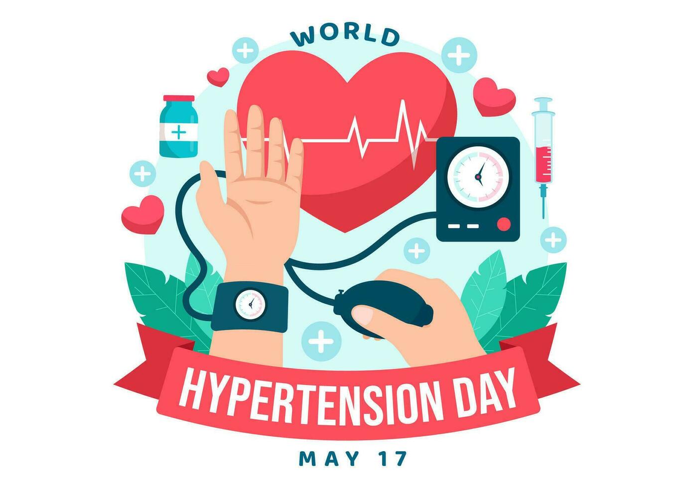 wereld hypertensie dag vector illustratie Aan mei 17e met hoog bloed druk, tensimeter en rood liefde beeld in gezondheidszorg vlak achtergrond