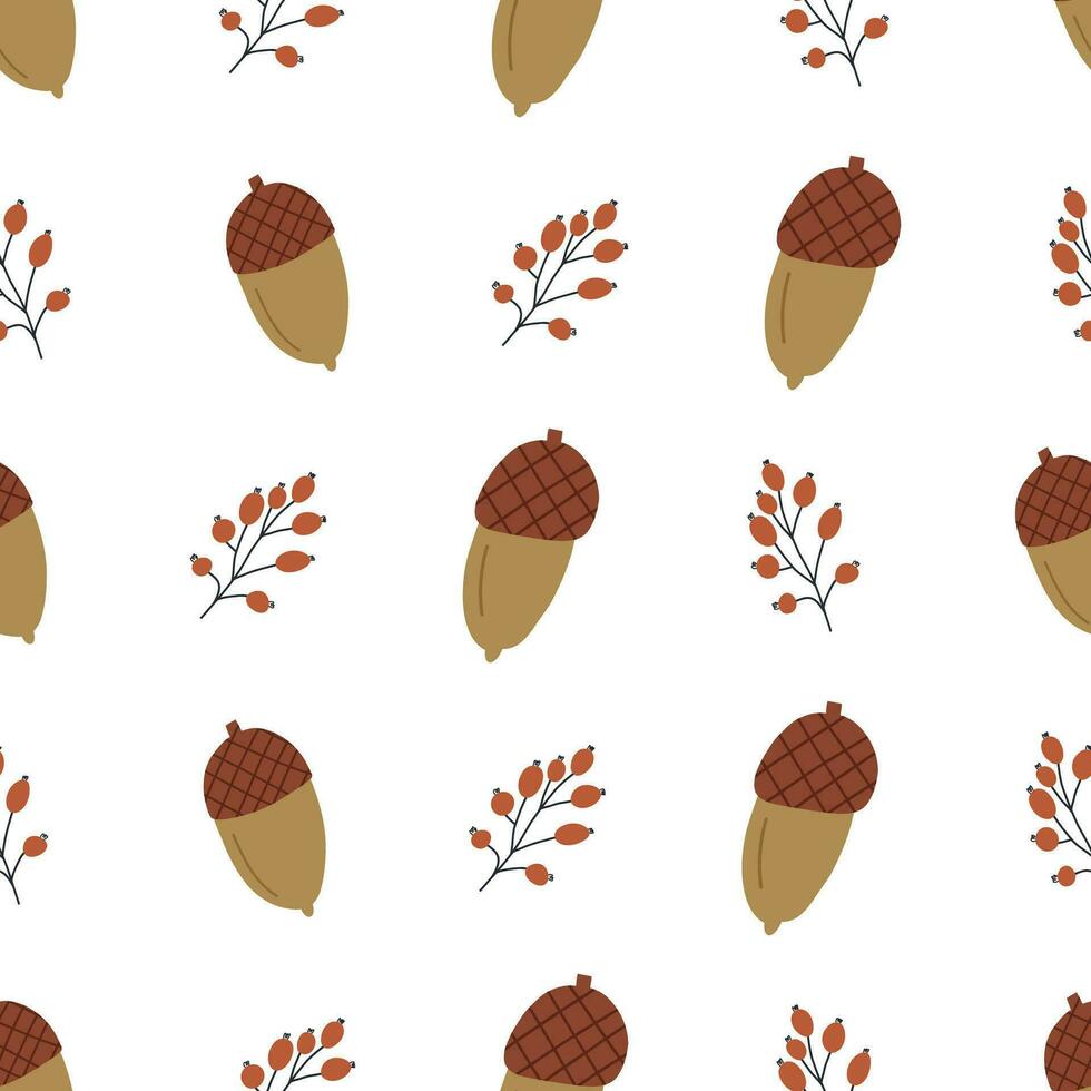 hand- getrokken eikel- met plant, herfst naadloos patroon Aan wit achtergrond. vallen plantkunde patroon. schattig eikel- tekening. vector