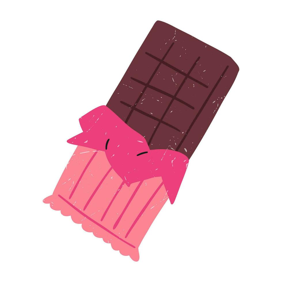 hand- getrokken chocola bar, tekenfilm vlak vector illustratie met grunge textuur, geïsoleerd Aan wit achtergrond. zoet snoep, heerlijk voedsel. valentijnsdag dag Geschenk.