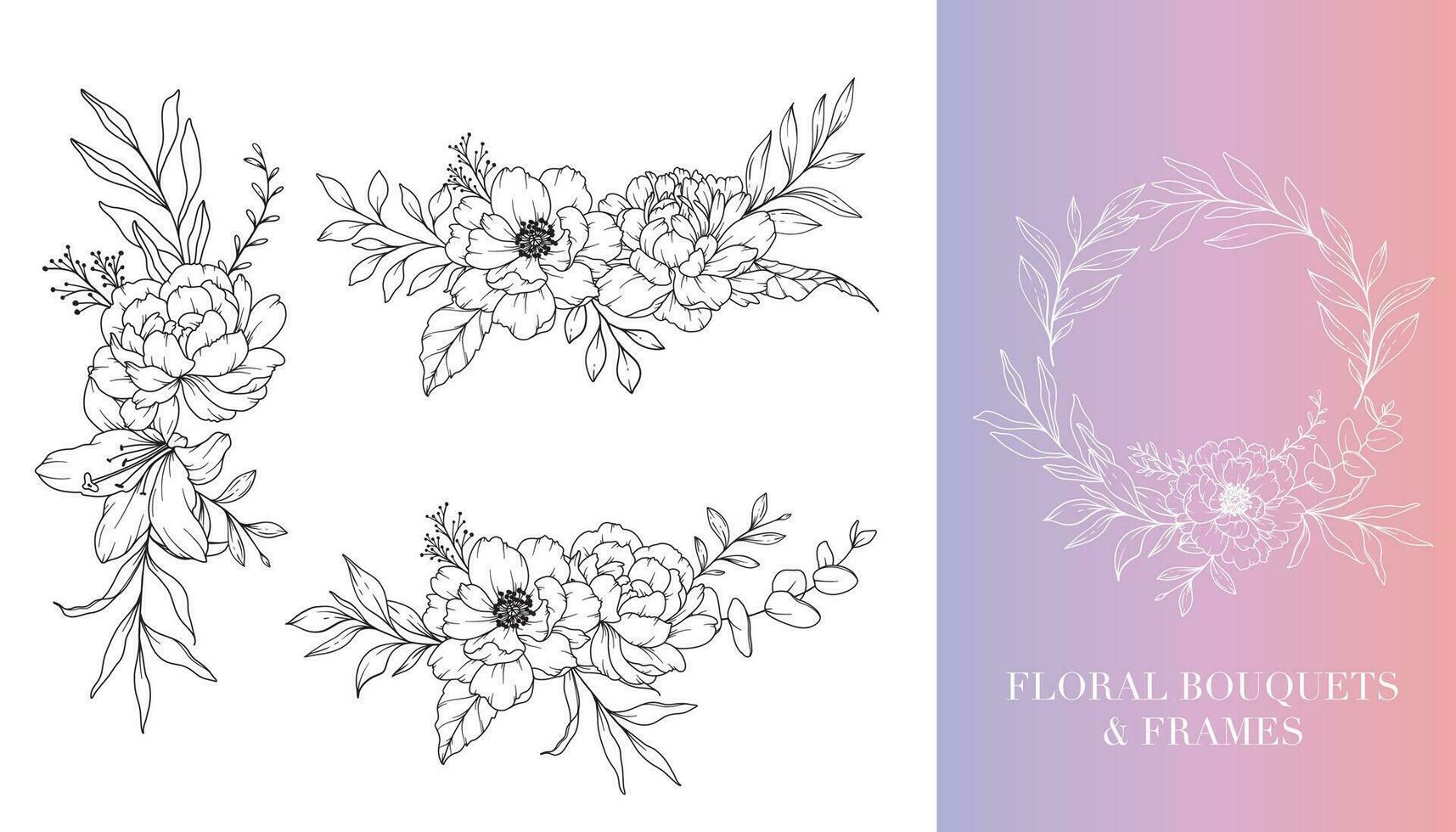 pioen lijn tekening. bloemen kaders en boeketten. bloemen lijn kunst. prima lijn pioen kaders hand- getrokken illustratie. hand- getrokken schets magnolia's. botanisch kleur bladzijde. pioen geïsoleerd vector