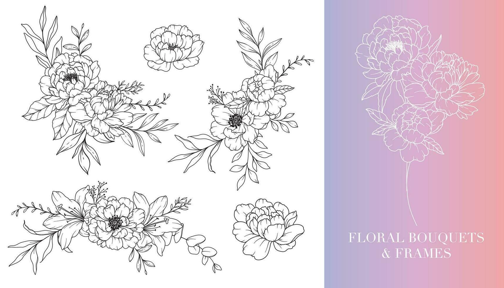 pioen lijn tekening. bloemen kaders en boeketten. bloemen lijn kunst. prima lijn pioen kaders hand- getrokken illustratie. hand- getrokken schets magnolia's. botanisch kleur bladzijde. pioen geïsoleerd vector