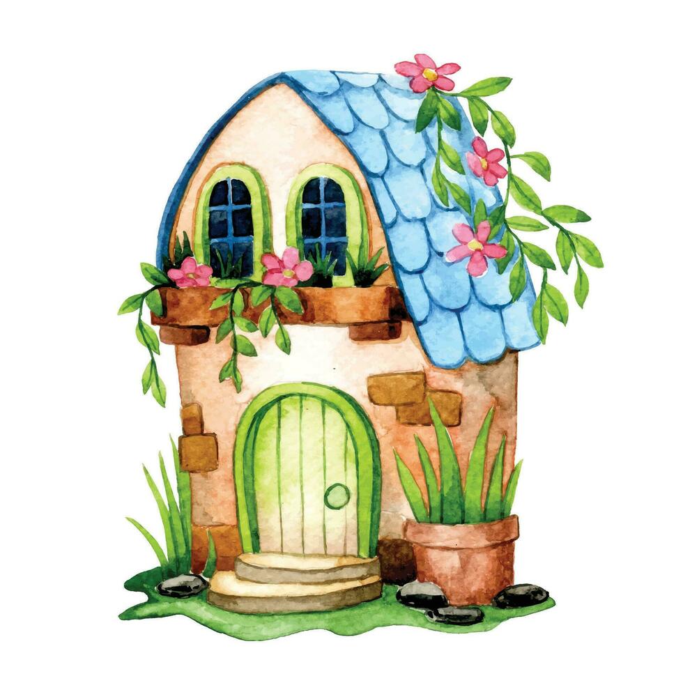 schattig bloem huis, waterverf tekening met fee huis in bloem tuin vector