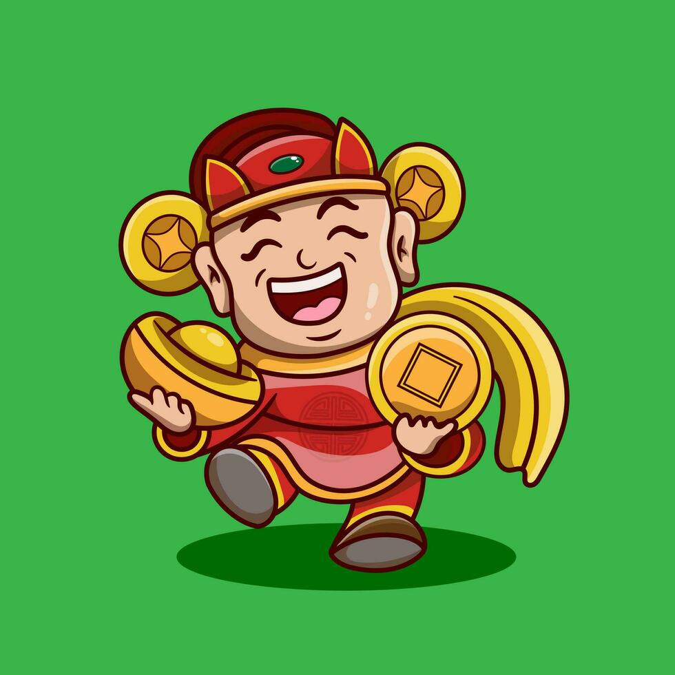 schattig Chinese nieuw jaar fortuin god Holding goud geld. Chinese nieuw jaar tekenfilm schattig god van rijkdom Holding goud vector