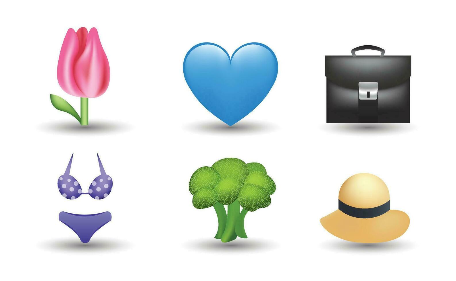 6 emoticon geïsoleerd Aan wit achtergrond. geïsoleerd vector illustratie. tulp, blauw hart emoji, aktentas, paars zwempak, broccoli, zomer hoed vector emoji illustratie. 3d illustratie.