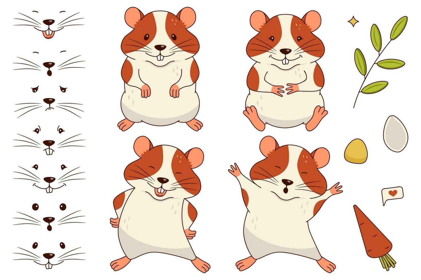 een vector reeks van verschillend emoties voor een hamster. een schattig oranje en wit hamster is zitten, lachend, uitrekken.