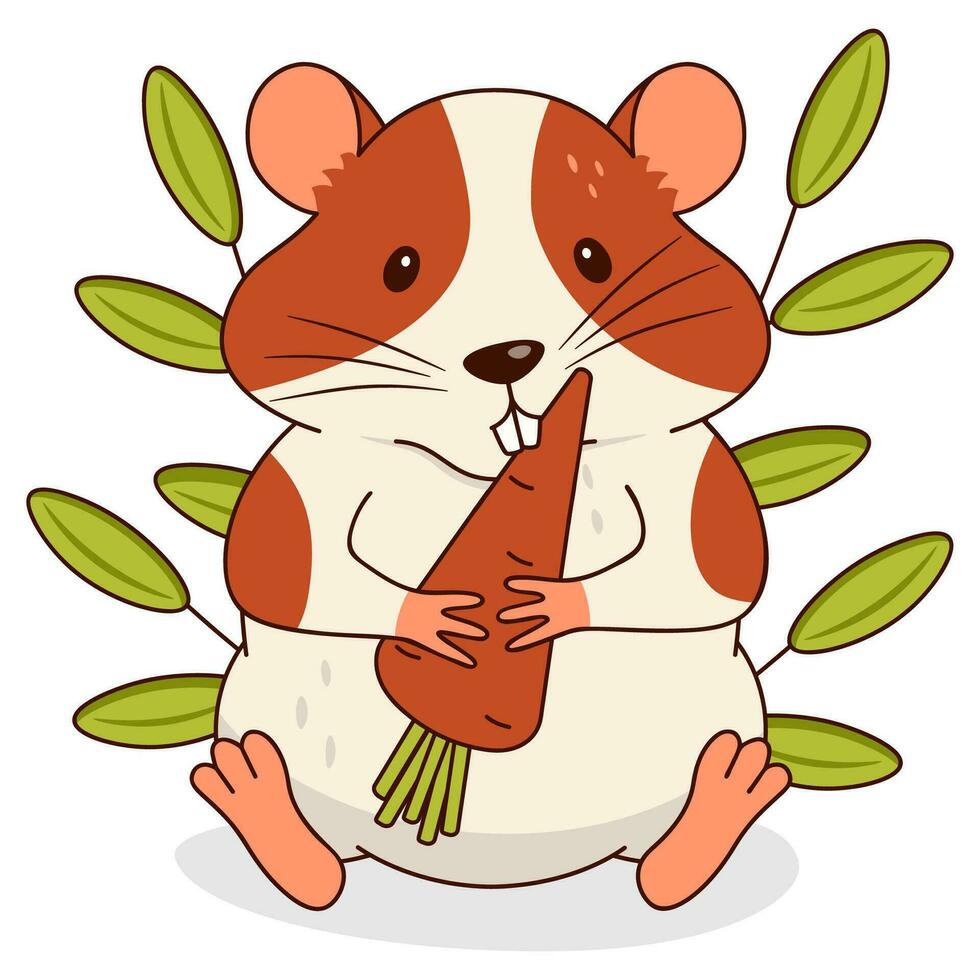 een schattig oranje en wit hamster is knagen Aan een wortel in de gras. geïsoleerd Aan een wit achtergrond. vector