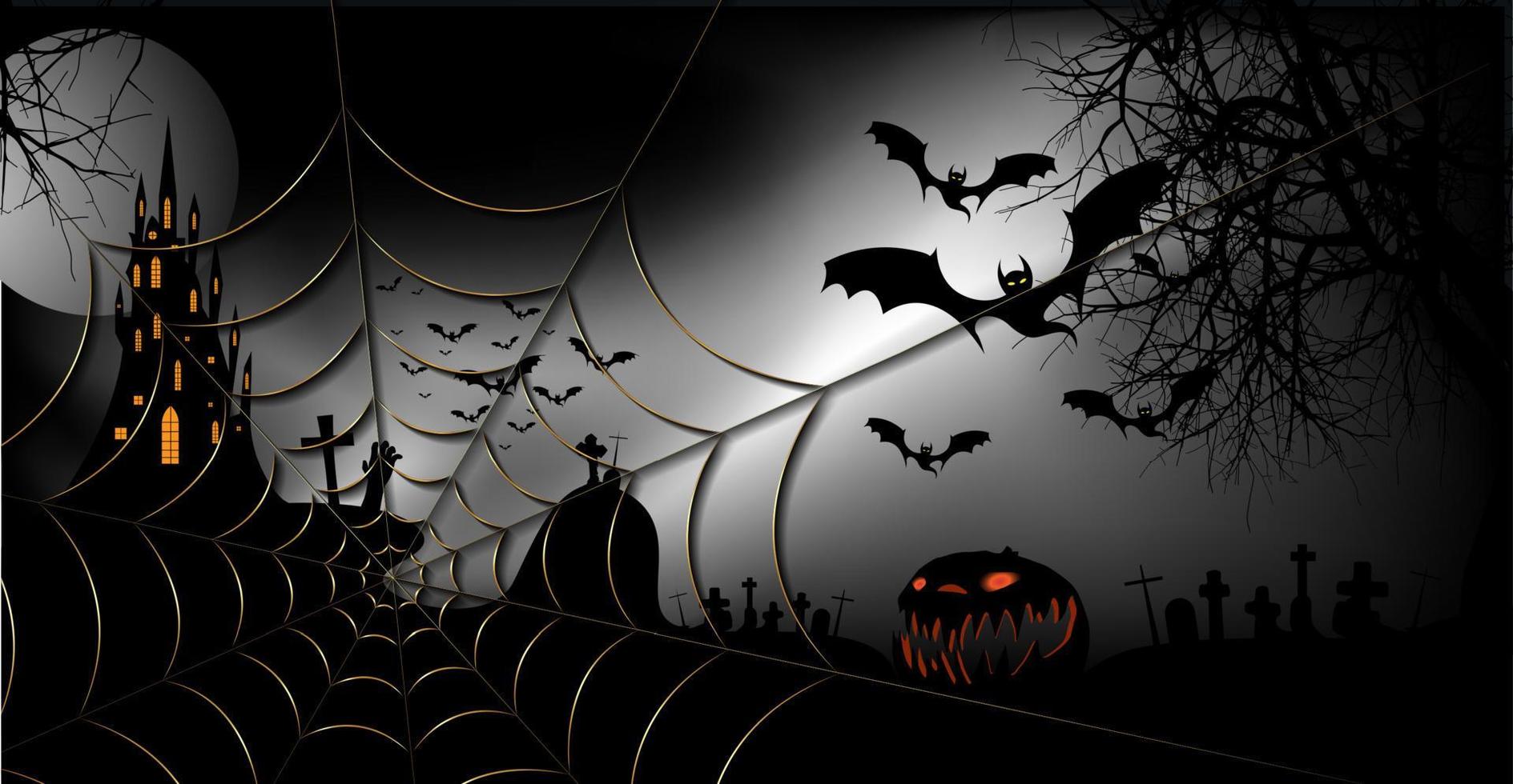 Halloween-feestbanner, griezelige donkere achtergrond, silhouetten van personages en enge vleermuizen met gotisch spookkasteel, horrorthemaconcept, gouden spinneweb en donker kerkhof, vectorsjablonen vector