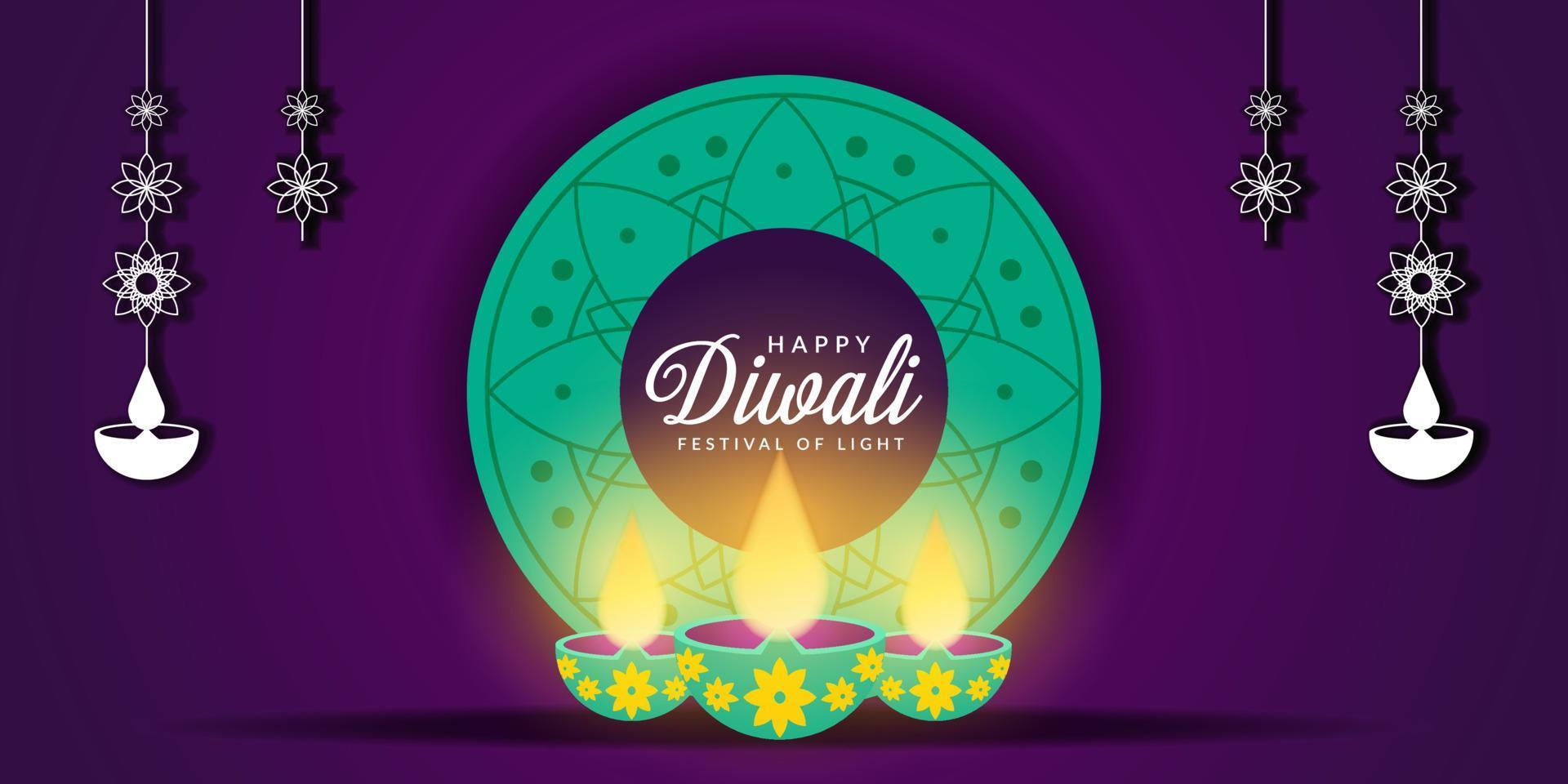 gelukkige diwali op paarse achtergrond en met rangoli fleuren op vector