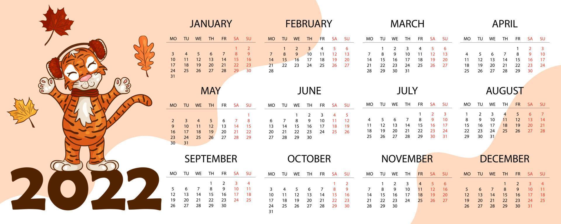 kalenderontwerpsjabloon voor 2022, het jaar van de tijger volgens de chinese of oosterse kalender, met een illustratie van de tijger. horizontale tafel met kalender voor 2022. vector