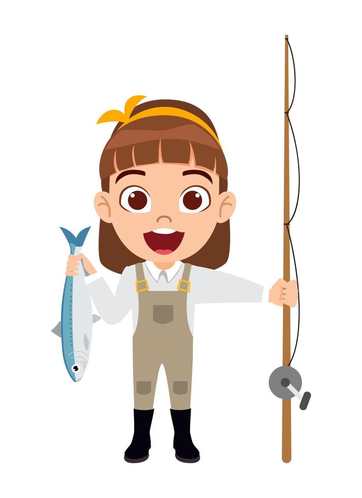 gelukkig schattig mooi meisje visser karakter staande met hengel en vis vasthouden vector