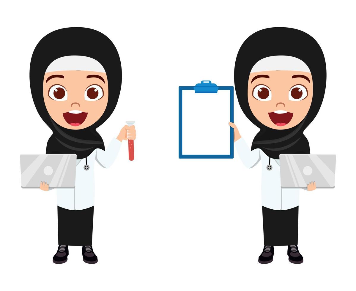 gelukkig schattig moslim arabisch kind dokter verpleegster karakter dragen dokter verpleegster outfit en hijab permanent klembord laptop reageerbuis vasthouden en verschillende acties doen vector