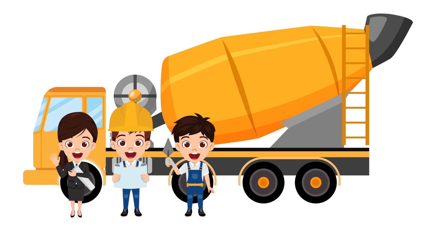 gelukkig schattig mooi kind jongen en meisje ingenieur bouwvakker permanent en poseren naast bouw betonnen vrachtwagen bedrijf rapportbestand zwaaien geïsoleerd vector