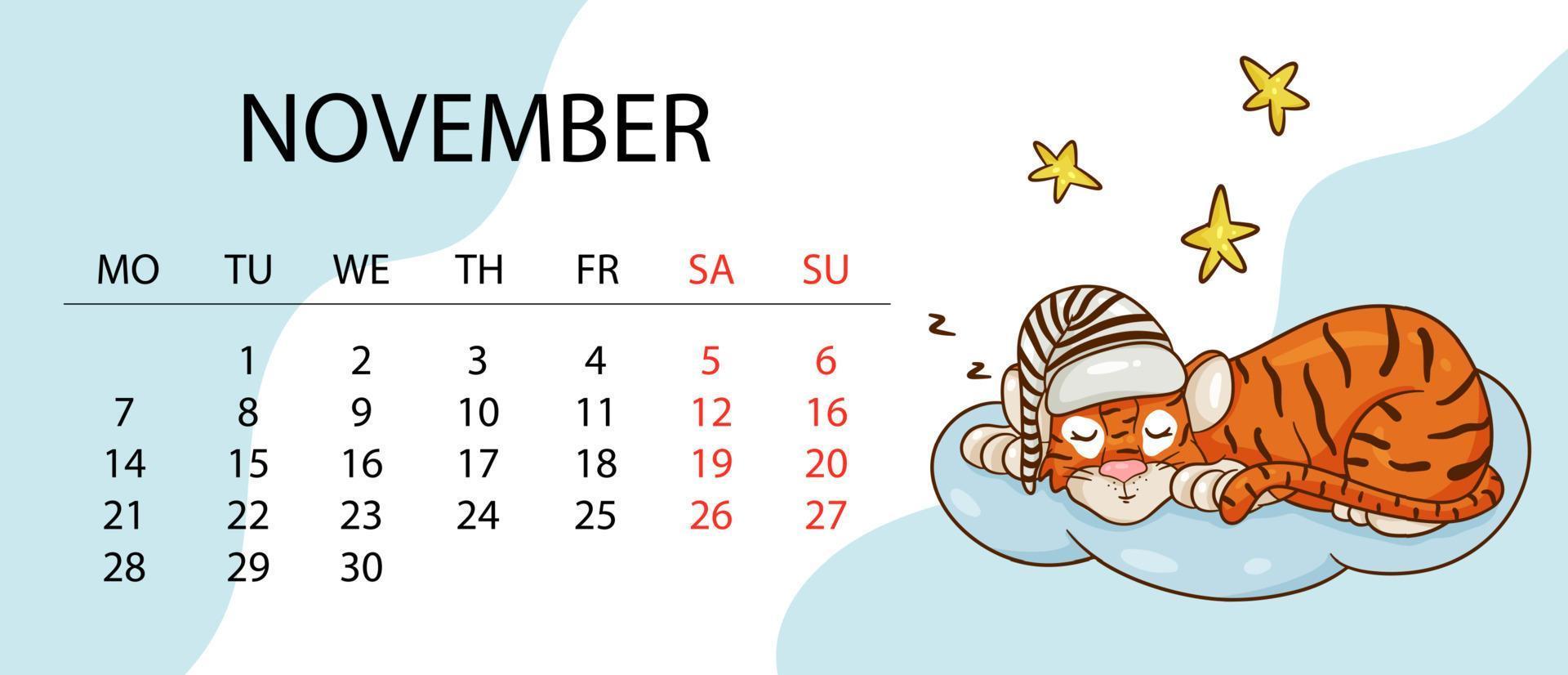 kalenderontwerpsjabloon voor 2022, het jaar van de tijger volgens de chinese of oosterse kalender, met een illustratie van de tijger. horizontale tafel met kalender voor 2022. vector