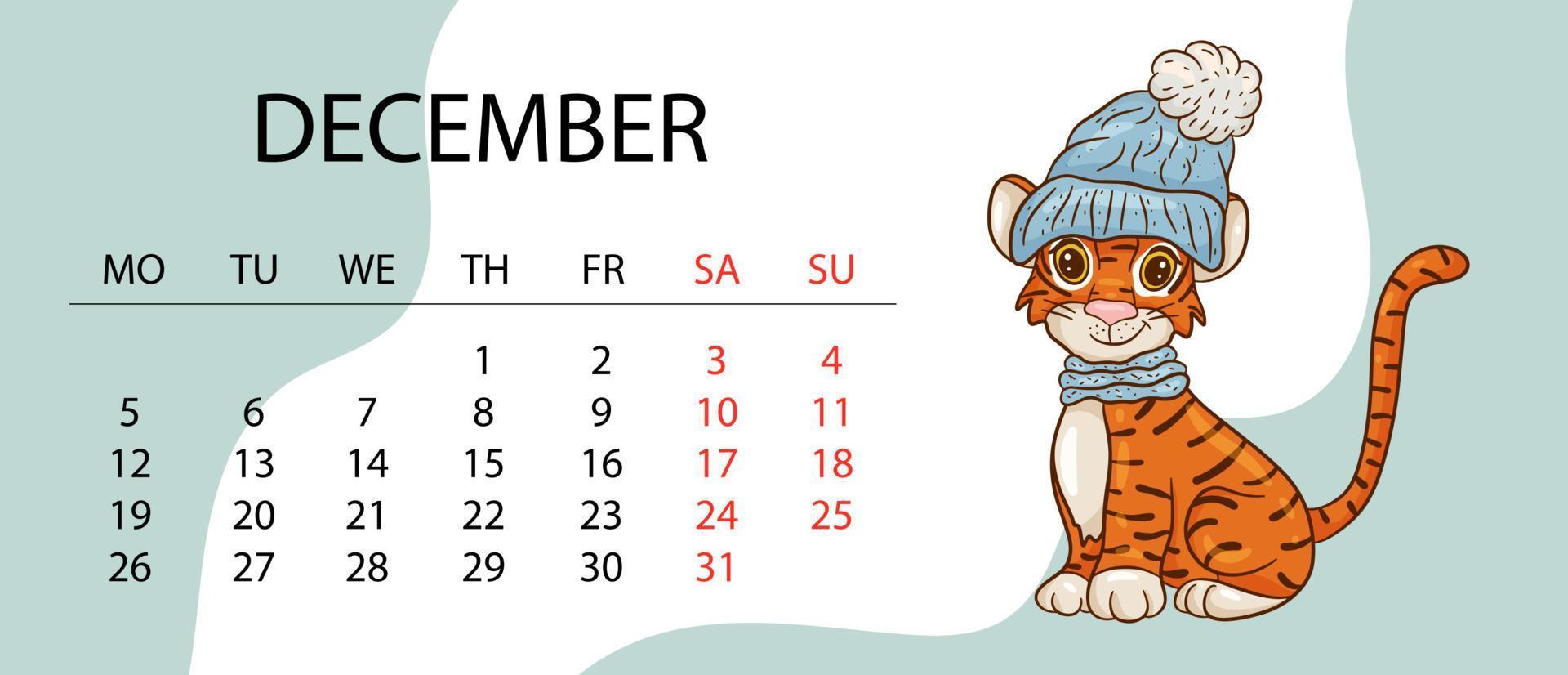 kalenderontwerpsjabloon voor 2022, het jaar van de tijger volgens de chinese of oosterse kalender, met een illustratie van de tijger. horizontale tafel met kalender voor 2022. vector