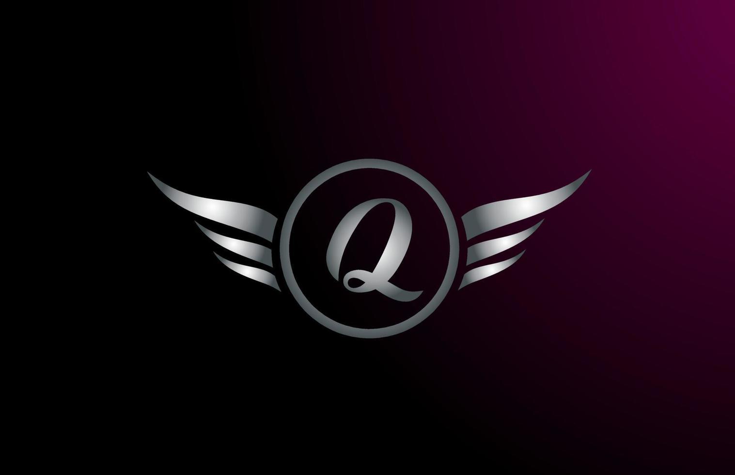 zilvergrijze vleugels q letter alfabet logo-ontwerp met metalen pictogram voor zakelijk bedrijf vector