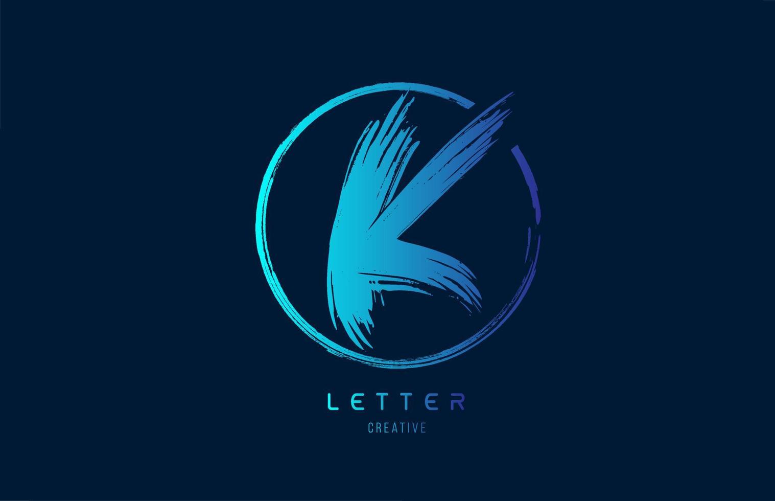 blauwe hand grunge borstel letter k pictogram logo met cirkel. alfabetontwerp voor een bedrijfsontwerp vector