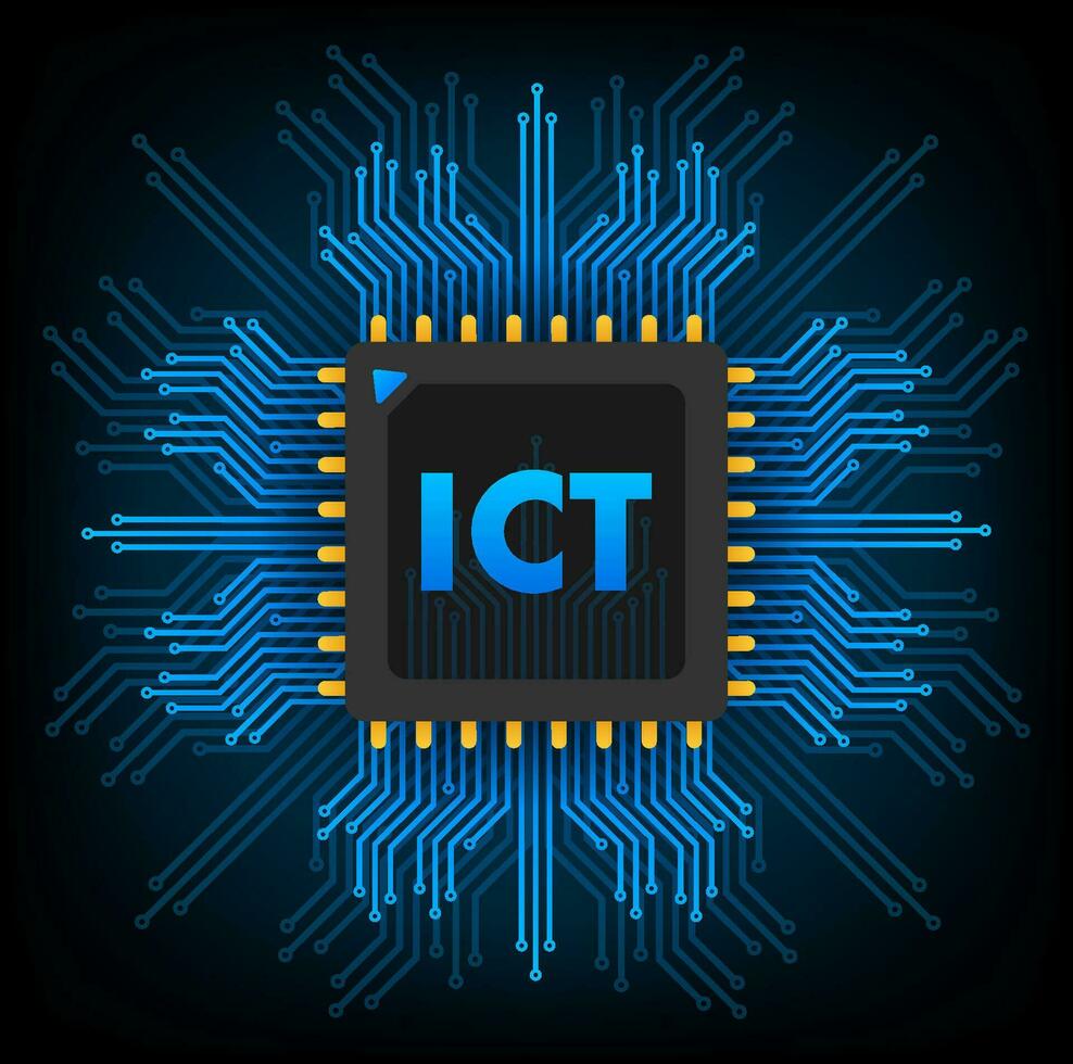 gedetailleerd vector ontwerp van een ict microchip met een complex stroomkring bord, symboliseert Geavanceerd informatie technologie en communicatie