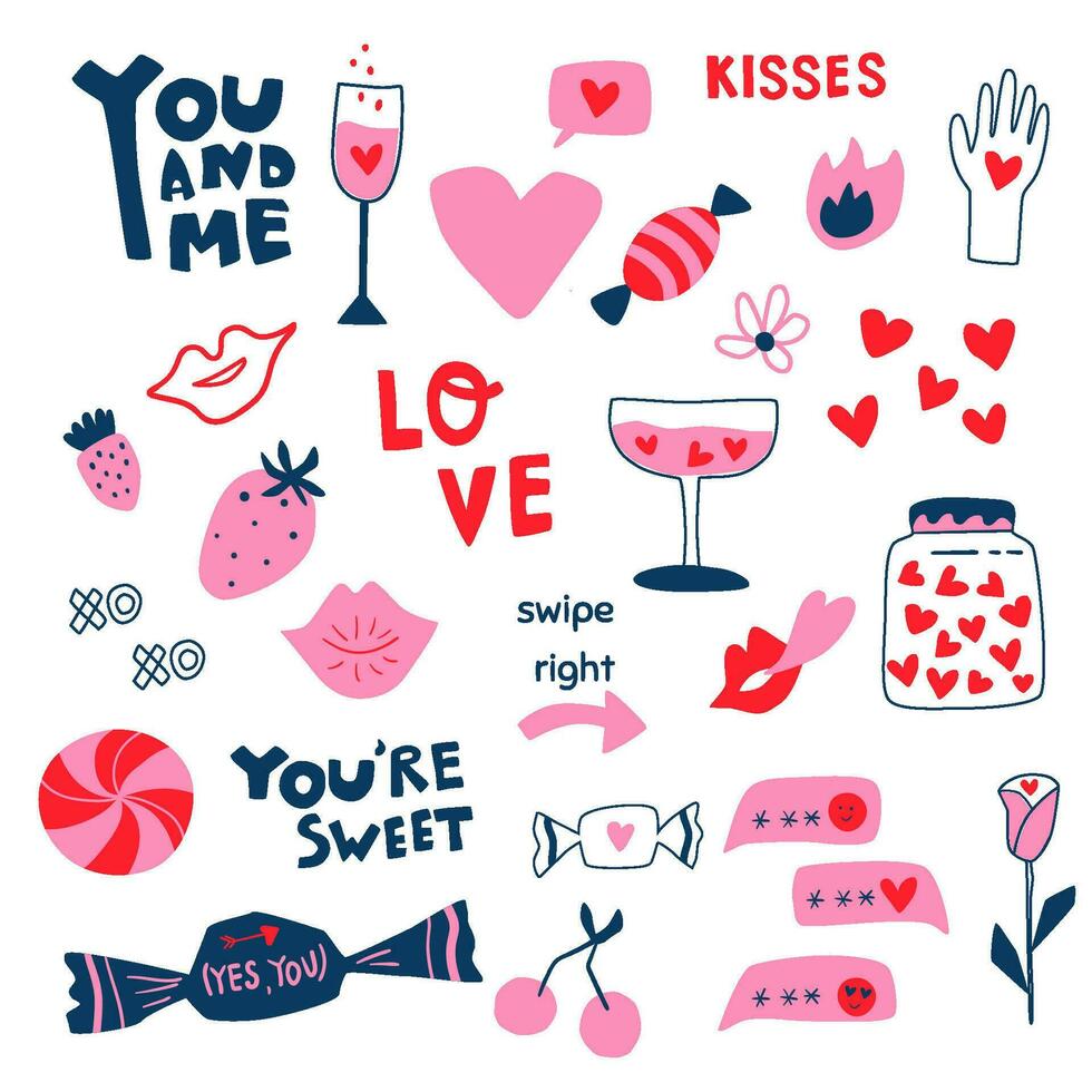 roze valentijnsdag dag minimalistische klem kunst, modern geïsoleerd elementen. roze cocktail, harten, lippen, kusjes, tekst liefde, belettering, snoepgoed, sms'en, aardbei. vector romantisch verzameling voor 14 februari