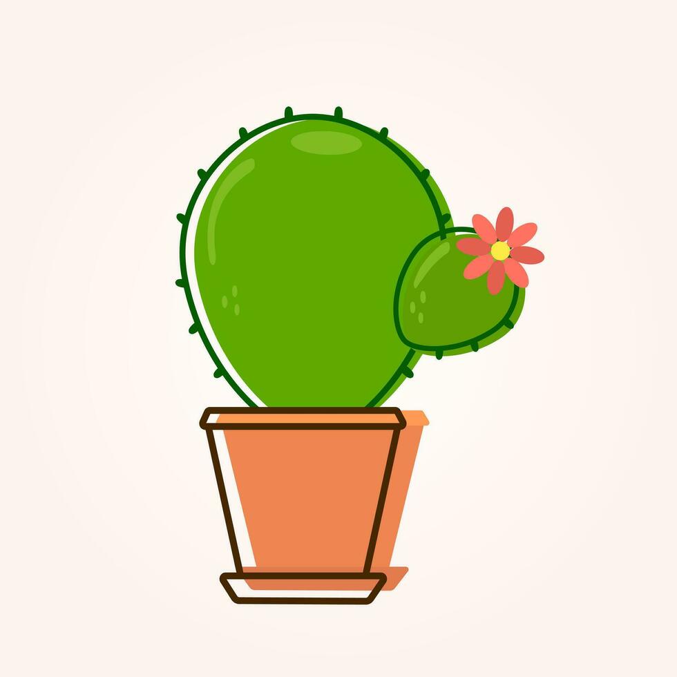 groen stekelig ronde cactus met roze bloeiend bloem in bruin pot. illustratie met schets. vector
