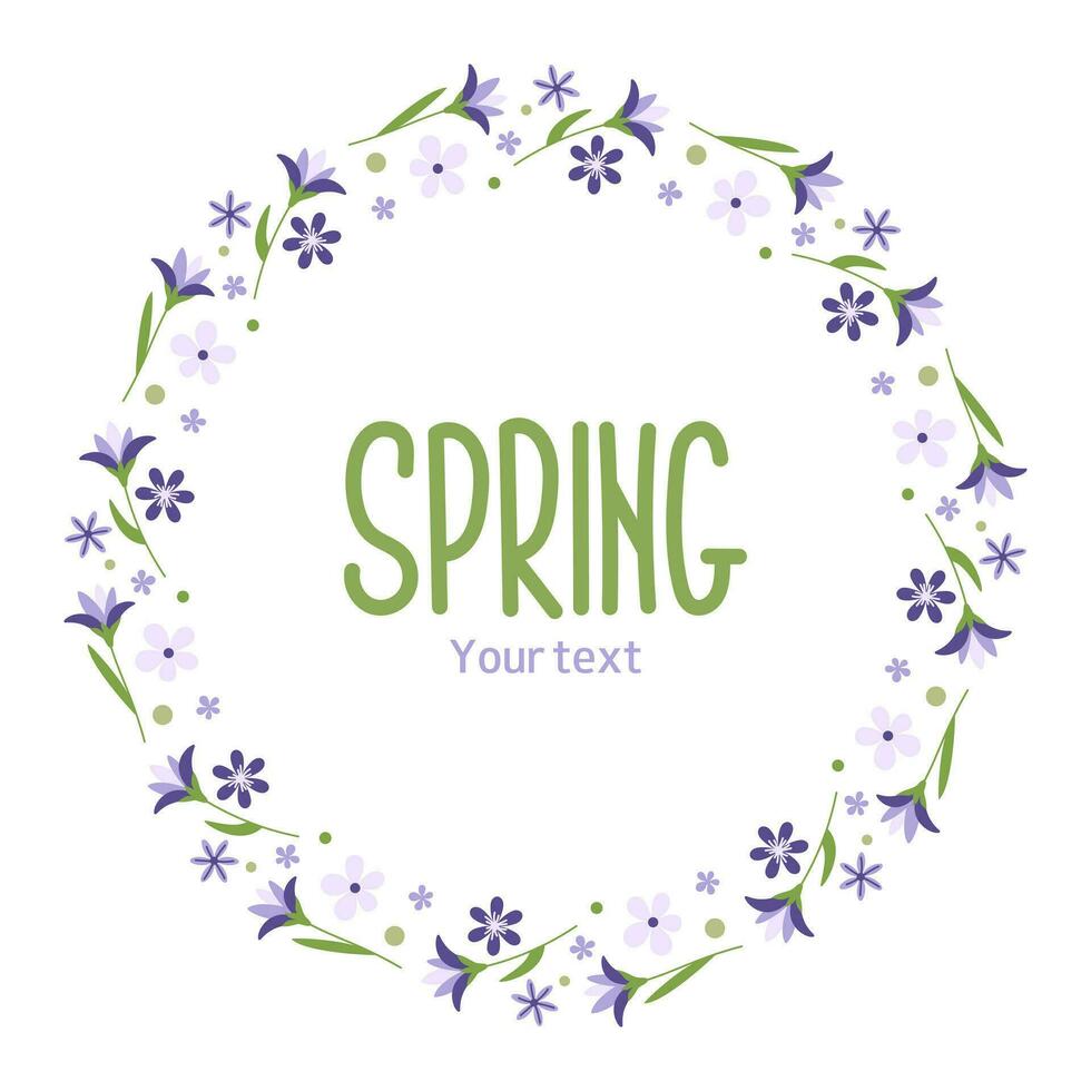voorjaar krans met lila en krokussen. decoratief ronde kader. ontwerp voor groet kaart, label, uitverkoop, uitnodiging. vector illustratie.
