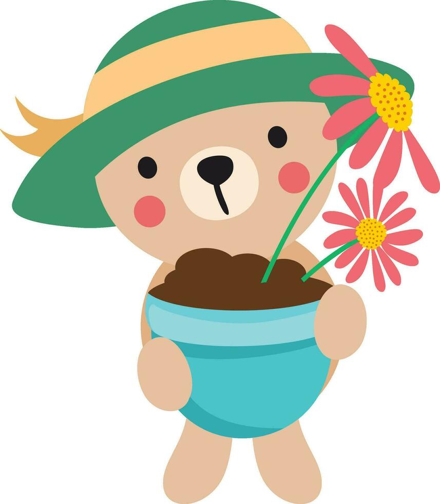 schattig teddy beer Holding een vaas met bloemen vector