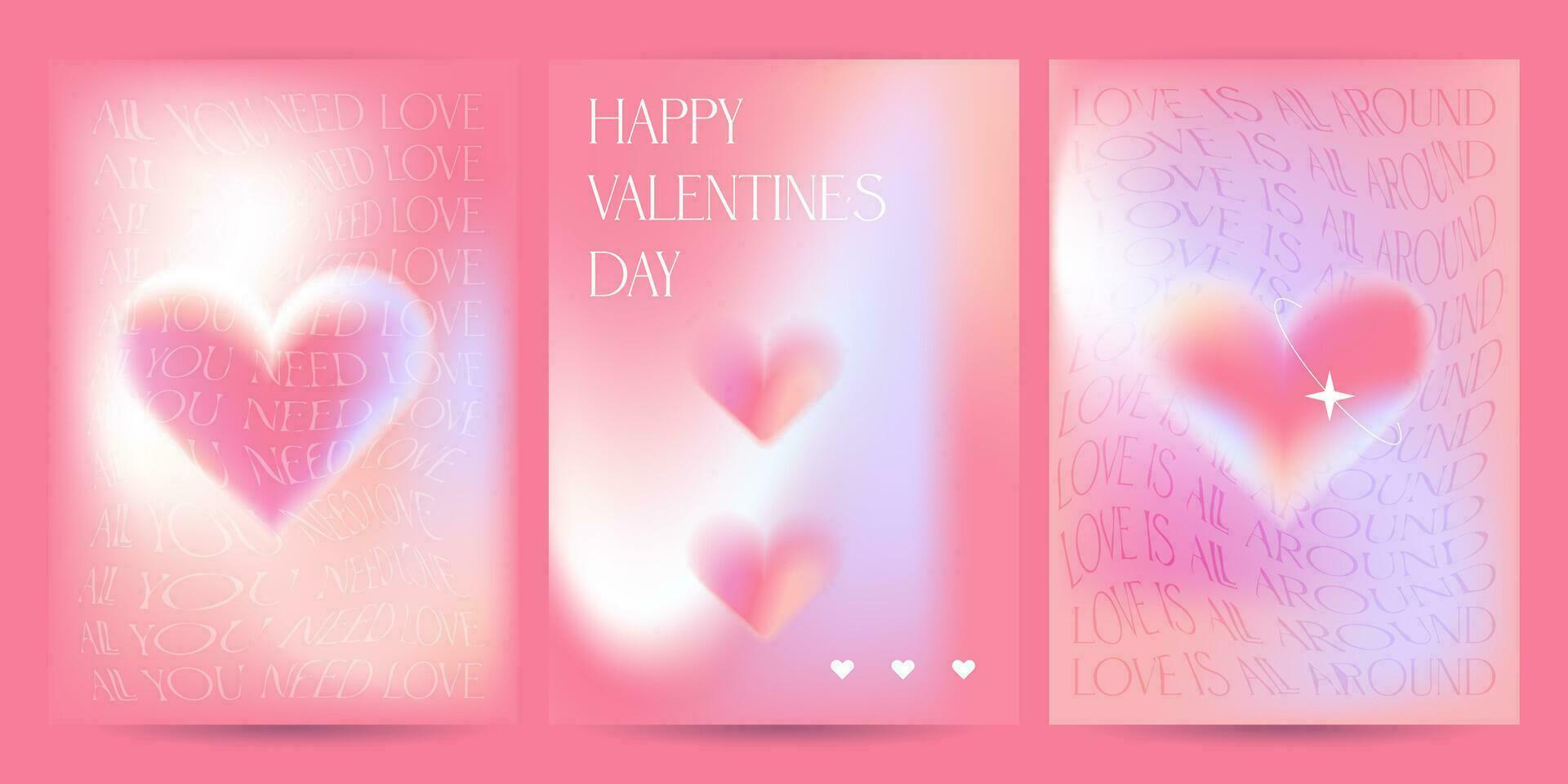 heilige Valentijnsdag dag a3 posters sjabloon set. lief modern kunst Hoes ontwerp. uitnodigingen, groet kaarten of post Sjablonen met Valentijn dag hart hellingen. golvend roze lay-out vector ontwerp.