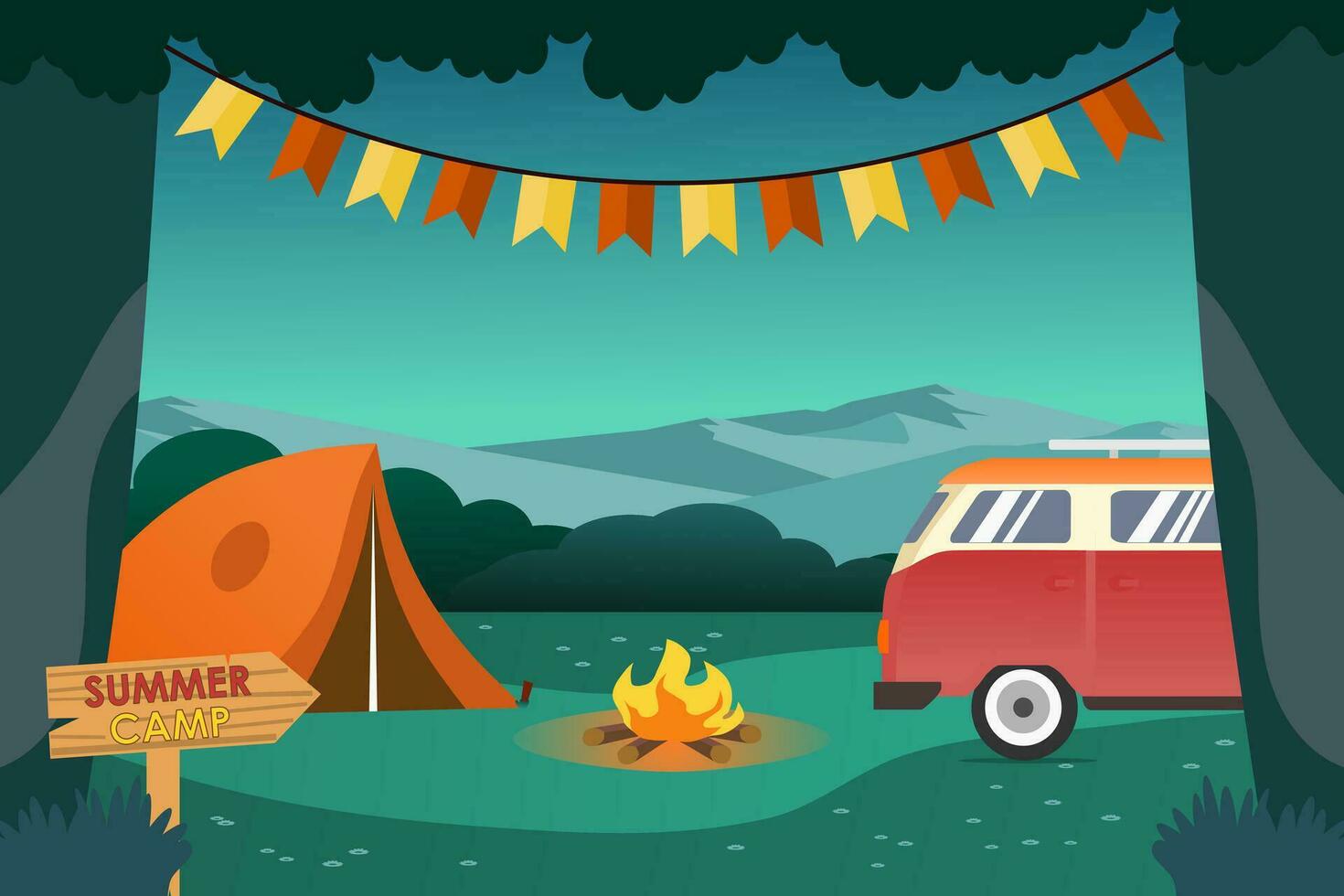 zomer kamp Bij nacht met tent, kampvuur, en camper bestelwagen. vector illustratie.