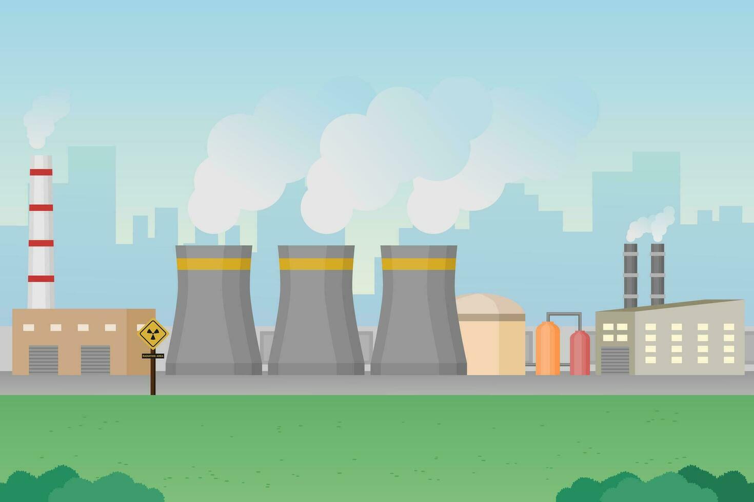 nucleair macht fabriek met stad in achtergrond. energie generatie fabriek. vector illustratie.