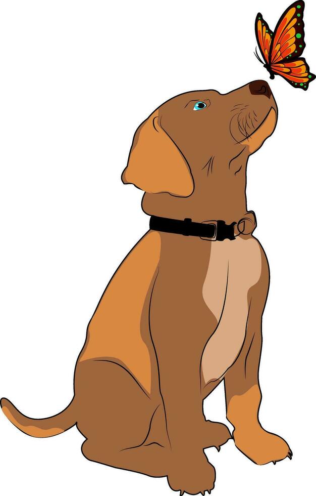 puppy met een vlinder Aan zijn neus. getrokken silhouet van een hond. hond in een halsband Aan een wit achtergrond. ontwerp van groet kaarten, affiches, pleisters, prints Aan kleren, emblemen. huisdier. vector