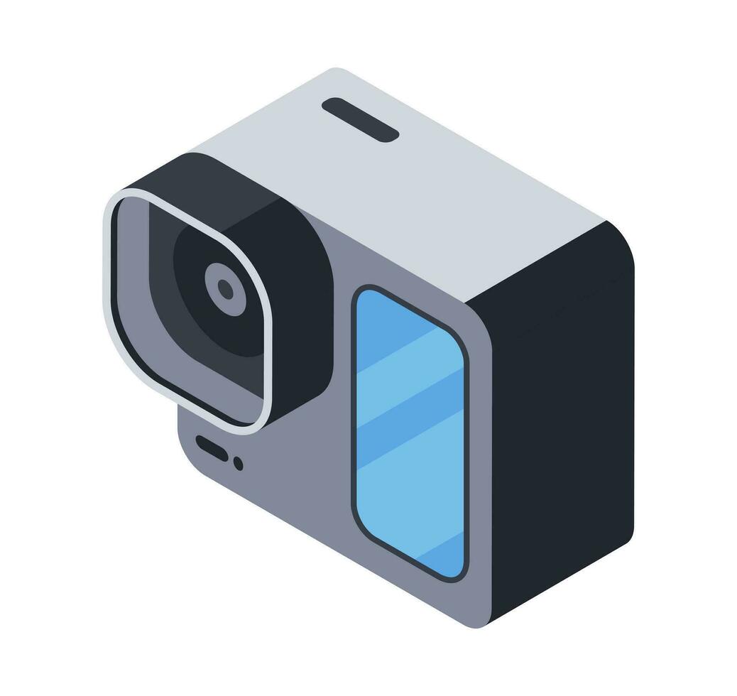 3d actie camera icoon, digitaal camera voor video filmen Aan de Actie en in agressief omgevingen. apparaat met optiek en scherm, elektronisch apparatuur. vector isometrische illustratie, geïsoleerd voorwerp