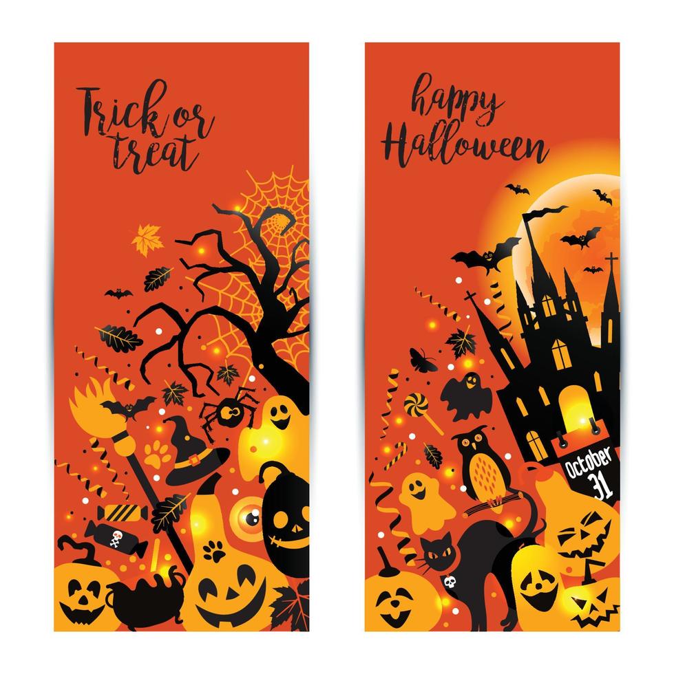 halloween-banners die op oranje achtergrond worden geplaatst. uitnodiging voor de nacht vector