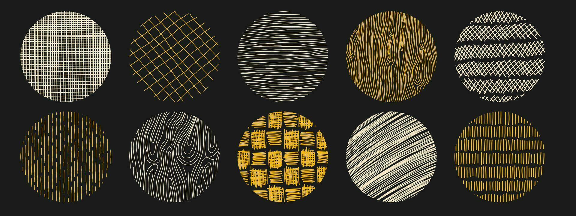 reeks van hand- getrokken potlood lijn structuur met verschillend cirkel patronen. kruisarcering, hout, regenen, stippelen textuur. vector