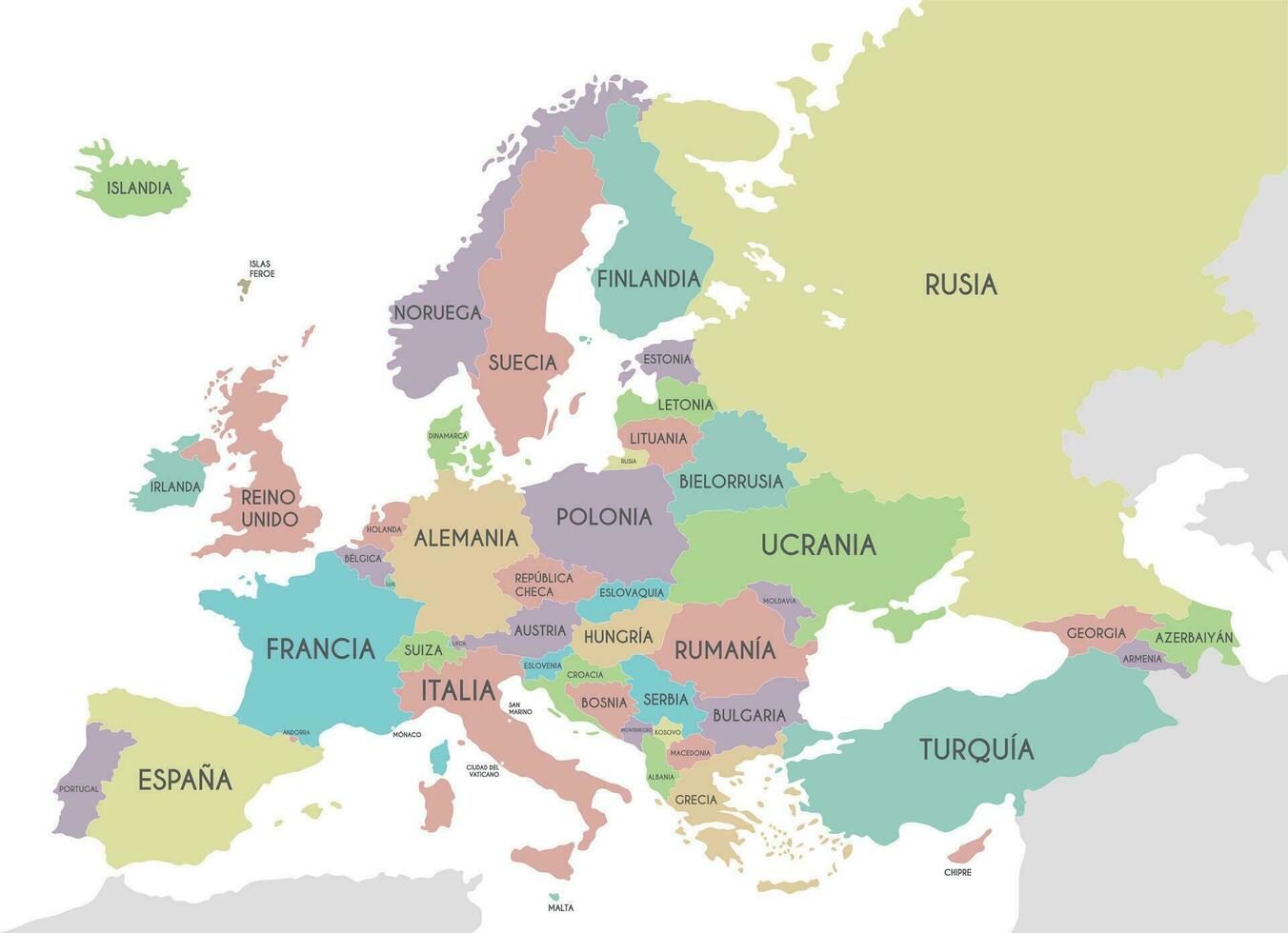 politiek Europa kaart vector illustratie geïsoleerd Aan wit achtergrond met land namen in Spaans. bewerkbare en duidelijk gelabeld lagen.