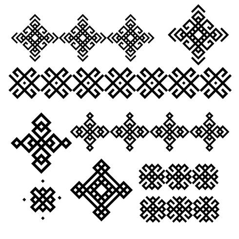 Een reeks zwart-witte geometrische ontwerpen. Tekens en randen. Vector illustratie