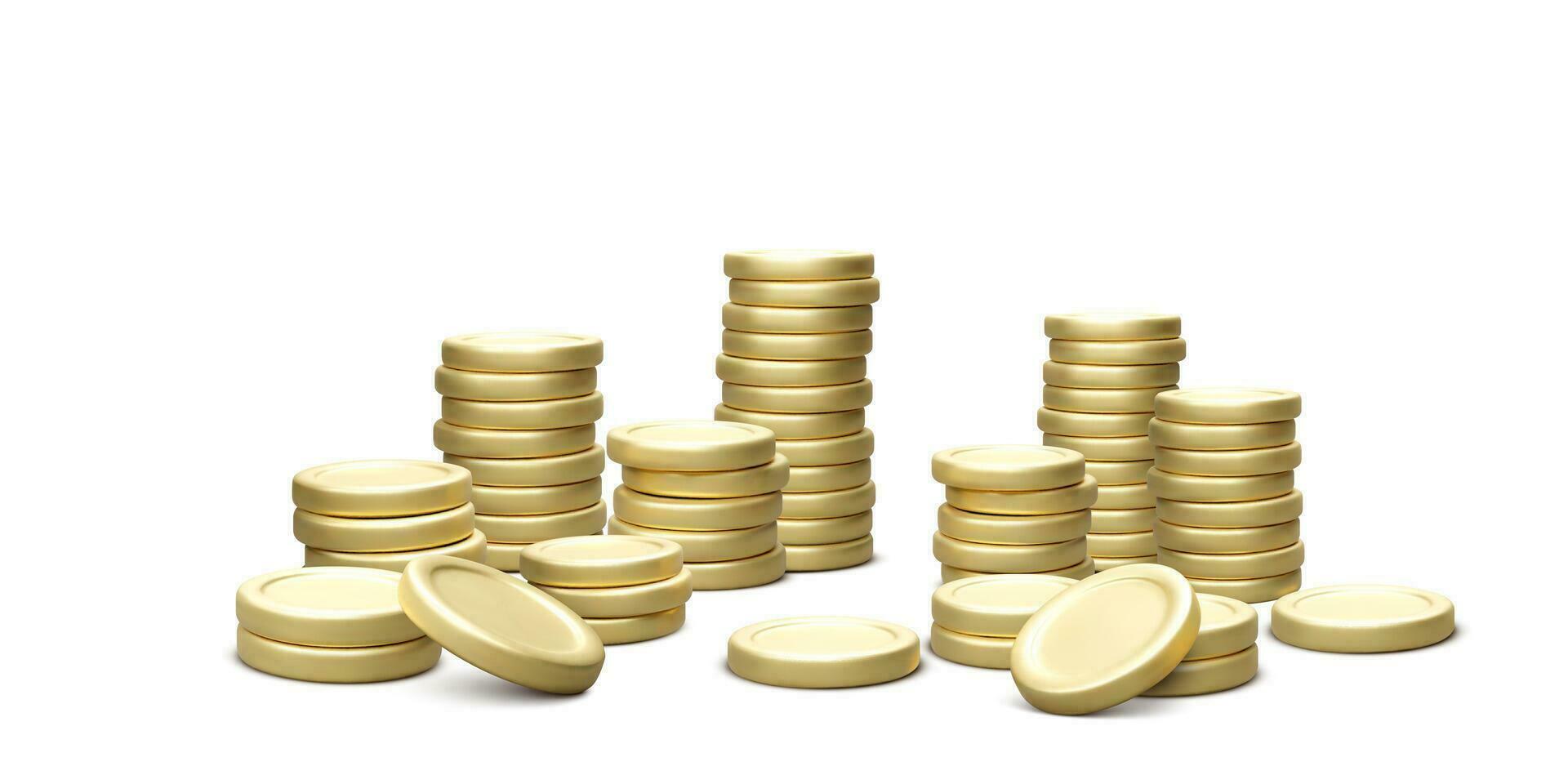goud munt stapel. 3d hoop van munten rijkdom concept. bedrijf en investering. vector illustratie geïsoleerd Aan wit achtergrond