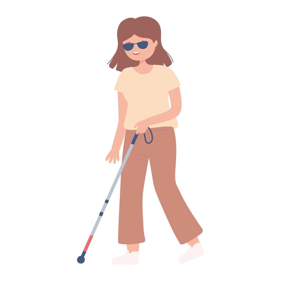 blinde vrouw die een bril draagt met een wandelstok die geïsoleerd loopt vector