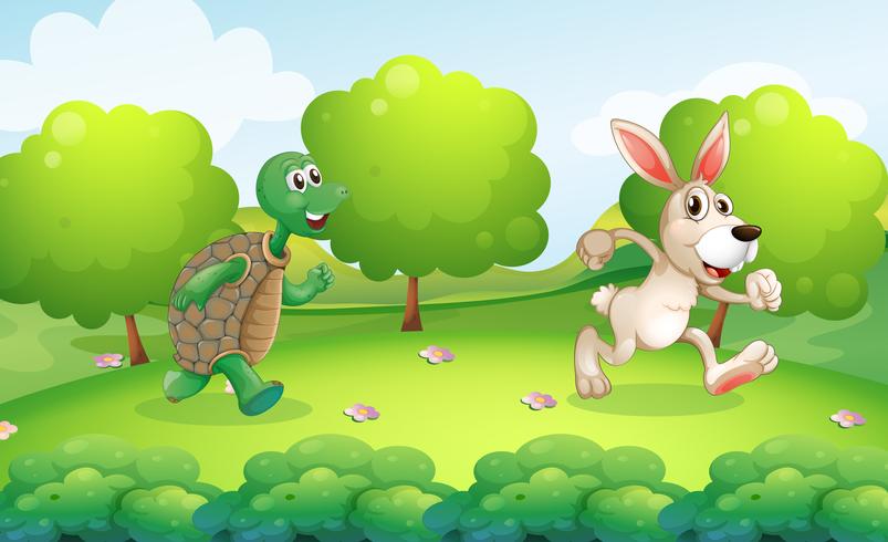 Schildpad en konijn die in park lopen vector