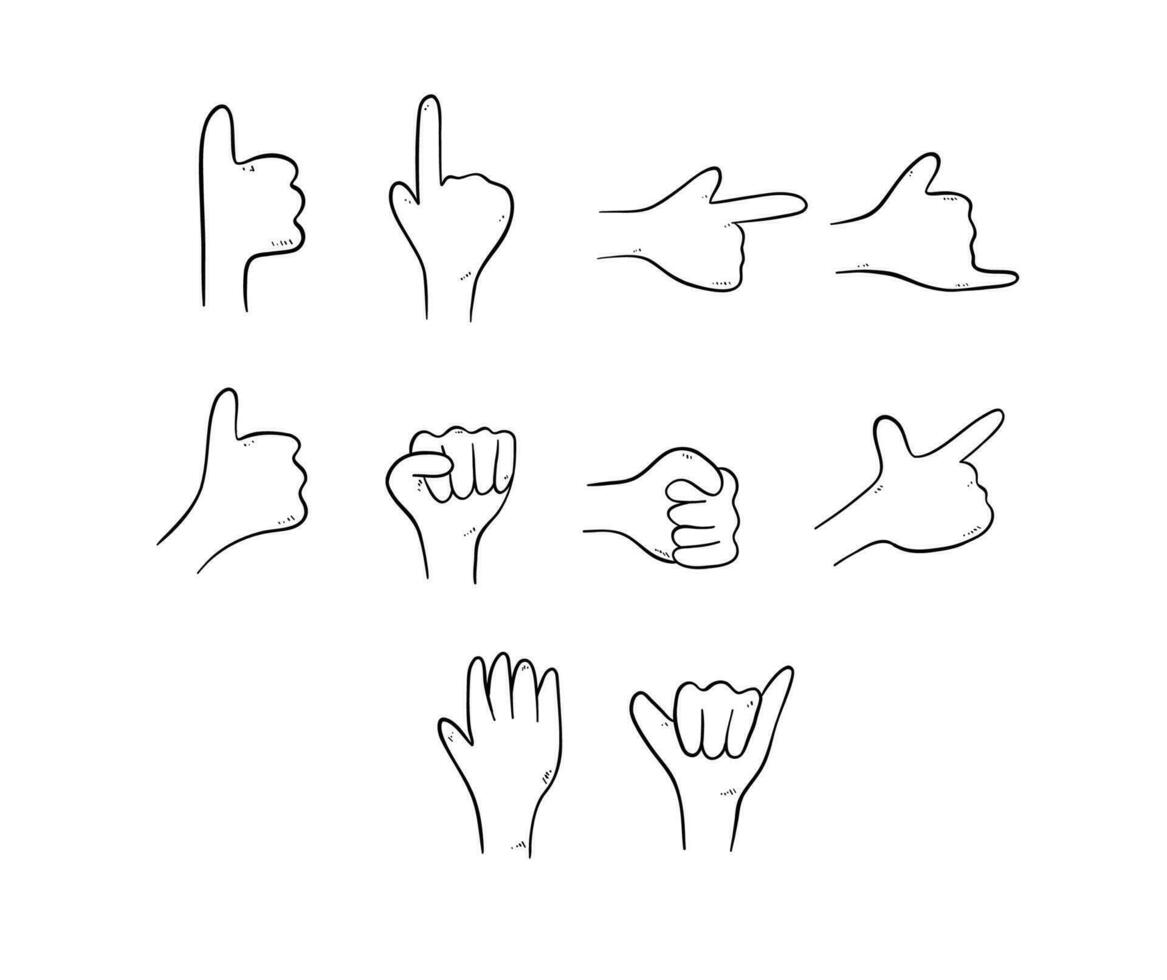 hand- getrokken hand- poses en gebaar tekening tekening illustratie set. hand- duimen omhoog, wijzend, vuist vector