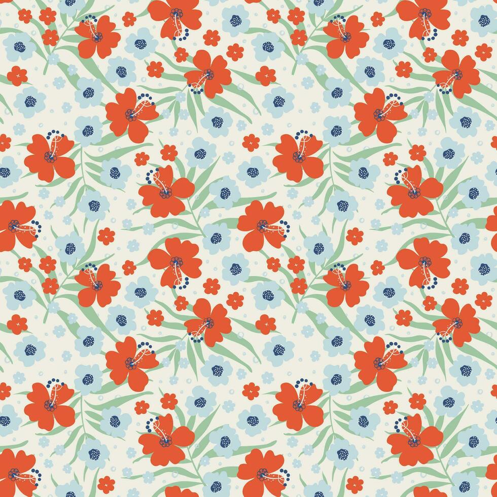 naadloos patroon met tropisch bloemen. mooi zomer bloesem achtergrond. naief kunst planten. bloemen ornament voor kleding stof ontwerp, behang, omhulsel papier. hand- getrokken vector illustratie.