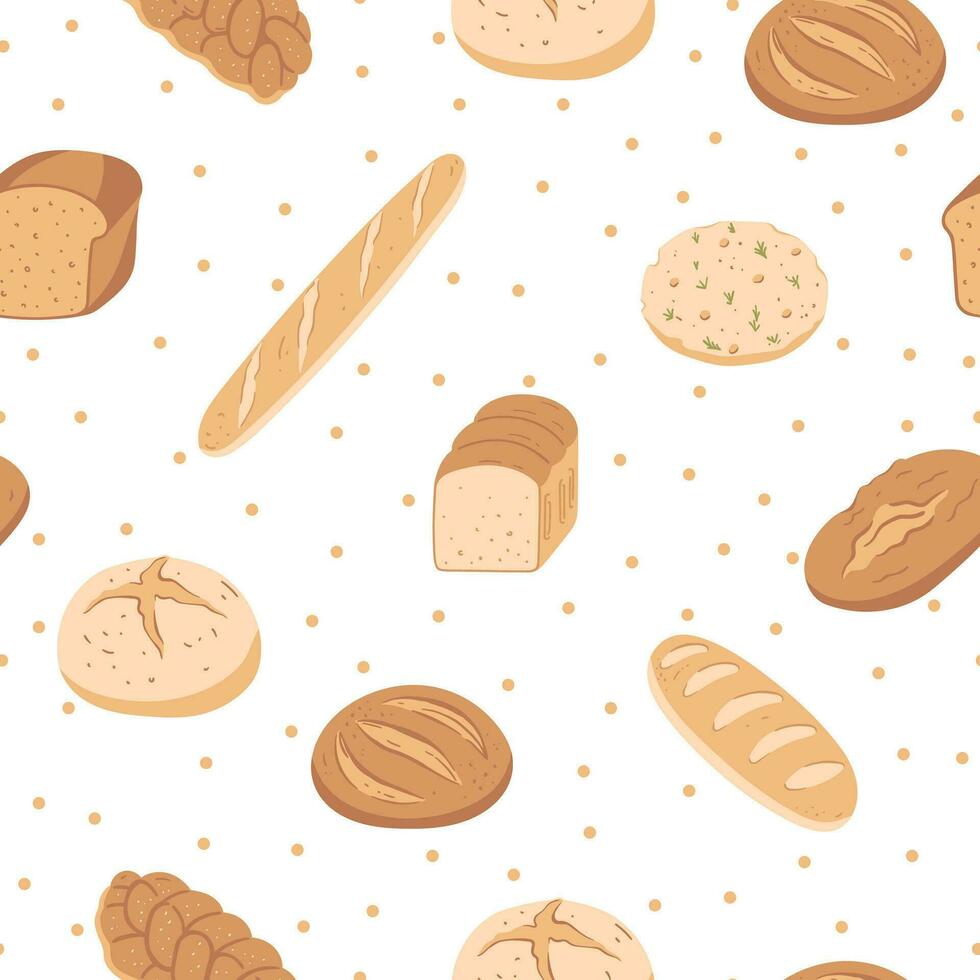 hand- getrokken naadloos patroon met verschillend type van brood en stippen. gebakken goederen achtergrond. ontwerp voor bakkerij, huis textiel vector