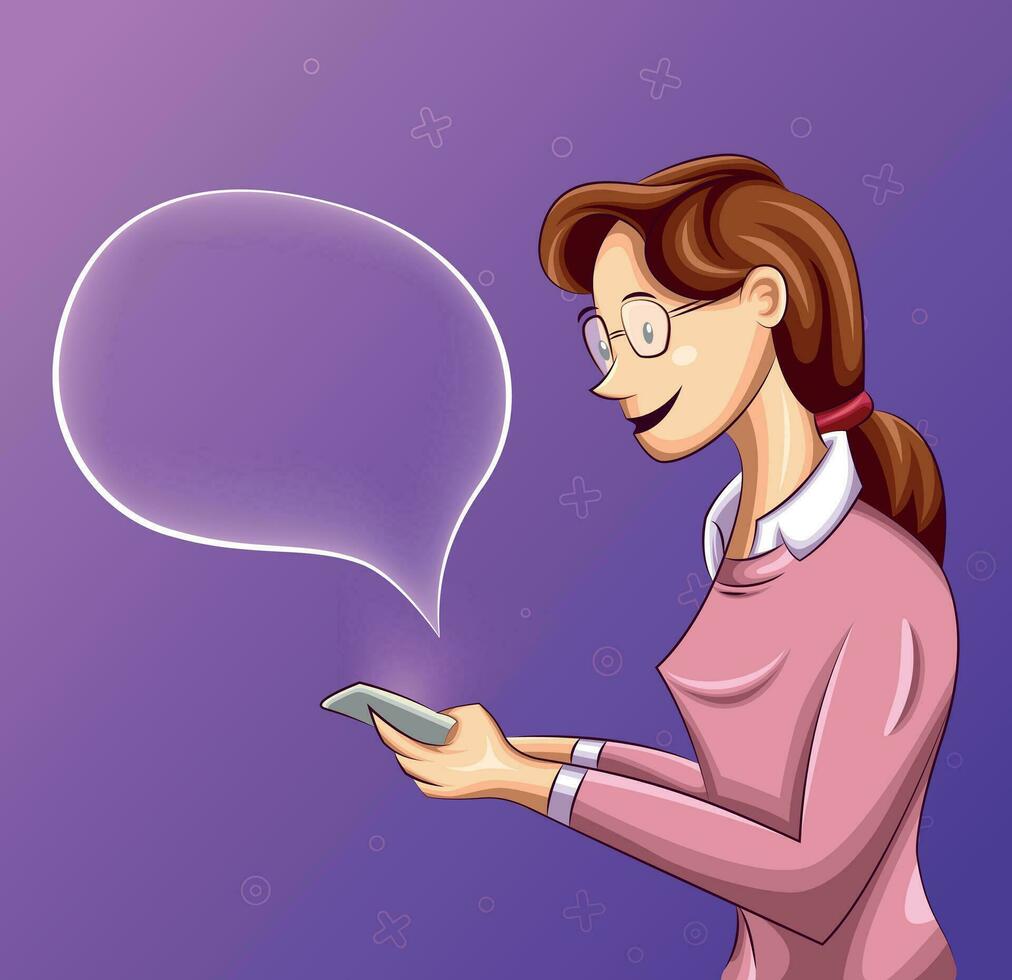 meisje met roze trui chatten gelukkig Aan haar cel telefoon en bericht bubbel, vector illustratie