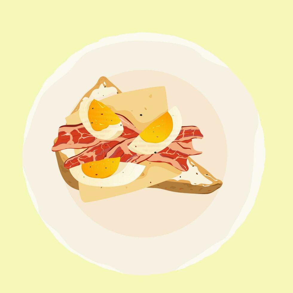 ontbijt geroosterd brood met room kaas, spek en gekookt eieren Aan een bord. krokant brood. ontbijt geserveerd in stijl. gezond ontbijt. Sandwich. vector illustratie.