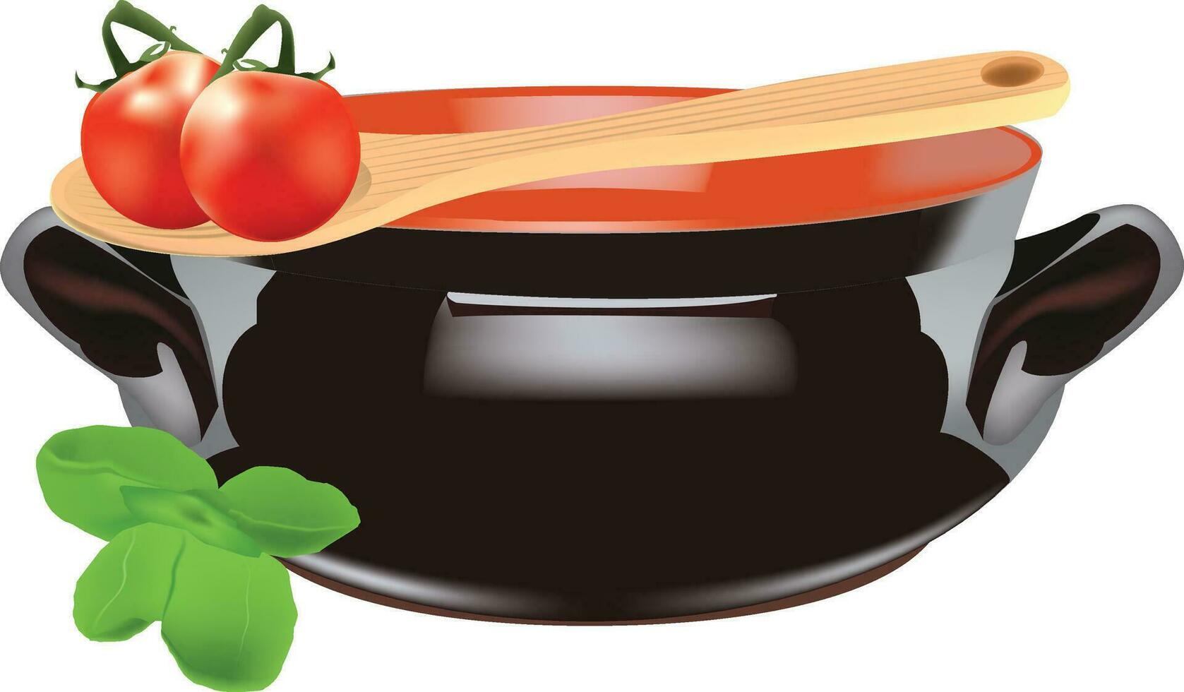braadpan met houten lepel tomaten en basilicum vector