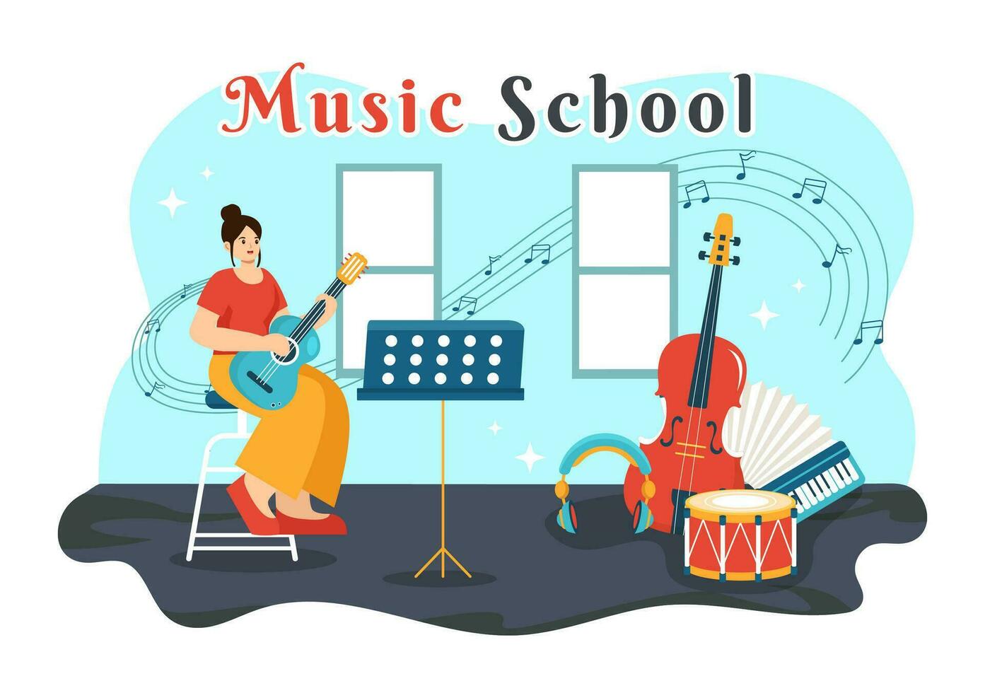 muziek- school- vector illustratie met spelen divers musical instrumenten, aan het leren onderwijs muzikanten en zangers in vlak kinderen tekenfilm achtergrond