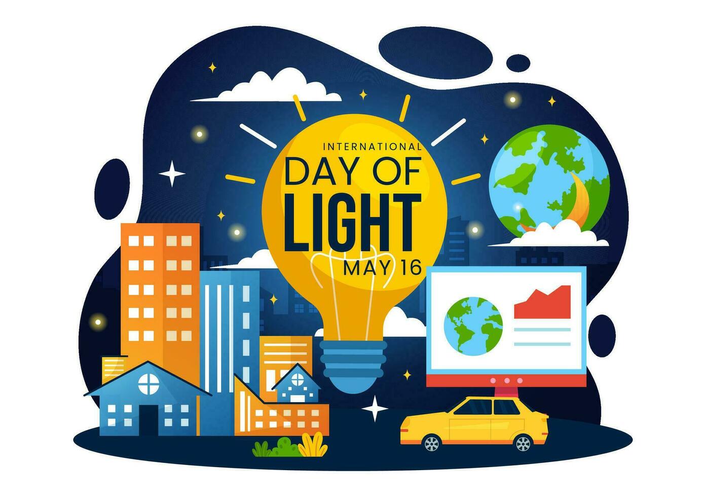 Internationale dag van licht vector illustratie Aan mei 16 naar de belang gebruik van lamp en spaargeld in menselijk leven in vlak tekenfilm achtergrond