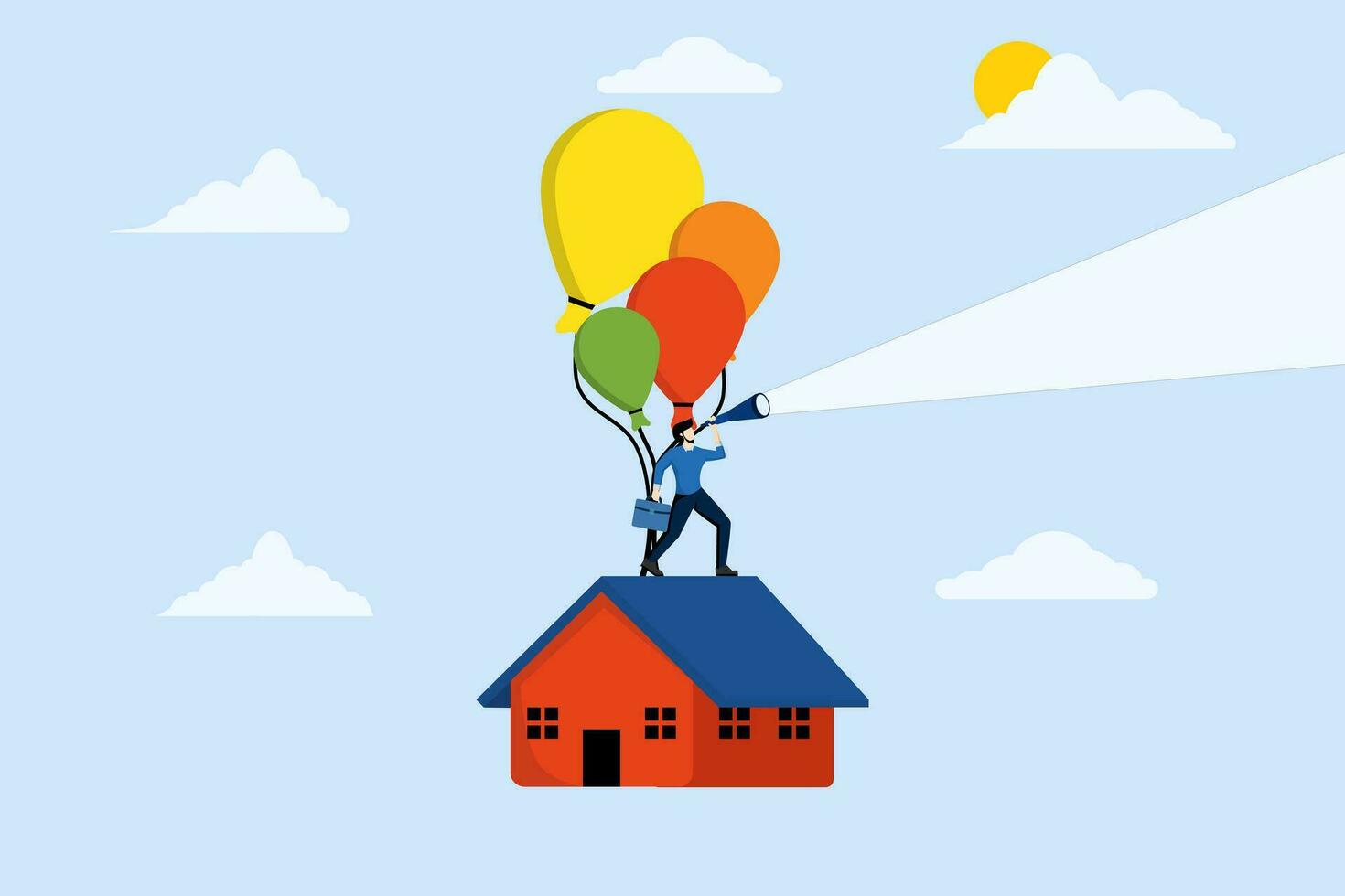 huiseigenaar met telescoop Bij huis vliegend met ballon, huis hypotheek interesseren tarief opstaan, echt landgoed prijs bubbel of behuizing investering kans concept, huis lening gevolg van inflatie. vector